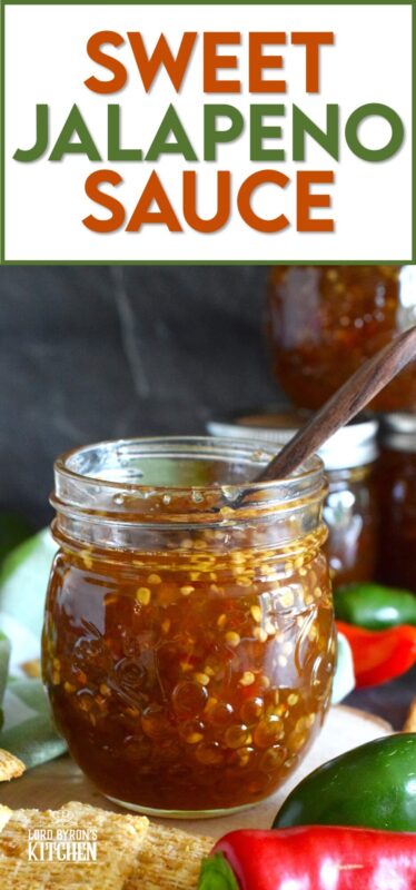 Easy to make using a water bath canning method, this Sweet Jalapeno Sauce can be used as a dip for things like chicken nuggets, used as a spread on baked chicken, pork chops, or even sandwiches. You can pour it generously over baked brie, or stir some into pasta salads. It's also quite delicious on grilled meat and veggies! #jalapeno #hot #sauce #hotsauce #canning #waterbath #peppers