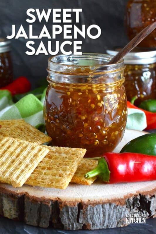 Easy to make using a water bath canning method, this Sweet Jalapeno Sauce can be used as a dip for things like chicken nuggets, used as a spread on baked chicken, pork chops, or even sandwiches. You can pour it generously over baked brie, or stir some into pasta salads. It's also quite delicious on grilled meat and veggies! #jalapeno #hot #sauce #hotsauce #canning #waterbath #peppers