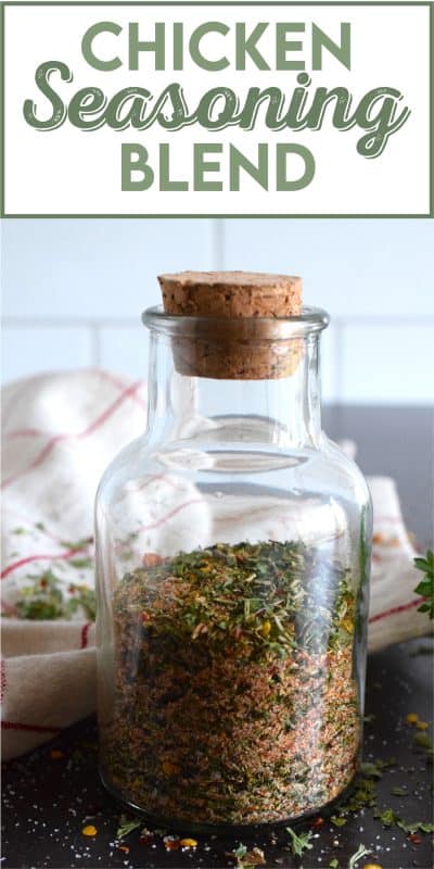 Chicken never has to be boring or bland again! This quick and easy homemade Chicken Seasoning Blend will add so much flavour to baked, pan-fried, or air-fryer chicken.  Sprinkle on as little or as much as you want and enjoy!  Make a batch of this seasoning with common herbs and spices found in your spice rack! #chicken #seasoning #blend #homemade