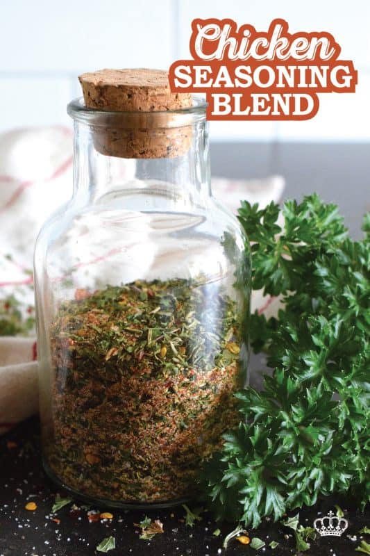 Chicken never has to be boring or bland again! This quick and easy homemade Chicken Seasoning Blend will add so much flavour to baked, pan-fried, or air-fryer chicken.  Sprinkle on as little or as much as you want and enjoy!  Make a batch of this seasoning with common herbs and spices found in your spice rack! #chicken #seasoning #blend #homemade