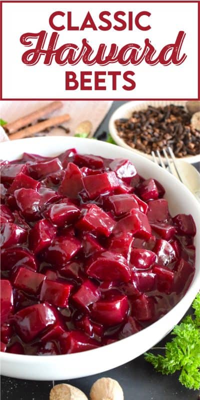 Harvard beets were a classic staple in our home when I was a child. My mom would purchase them in a can from the store and never ventured to prepare her own even though fresh beets were on hand in late summer.  Serve these as a side or as a condiment and you will not be disappointed! #beets #harvard #roasted #side