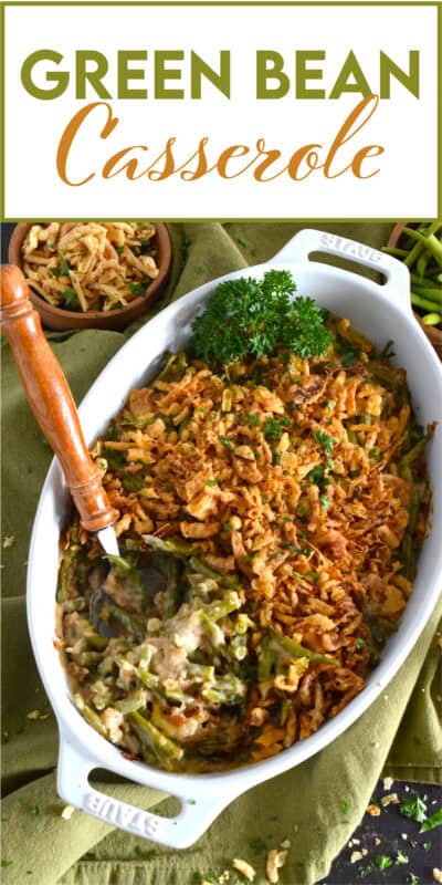 Unlike most Green Bean Casseroles which use canned green beans, this version uses fresh green beans and the results are incredible! In classic fashion, the tender beans are tossed with cream of mushroom soup, milk, and seasonings.  Baked with fried onions, this casserole also offers the option of adding shredded cheddar cheese! #casserole #beans #greenbeans #side #thanksgiving