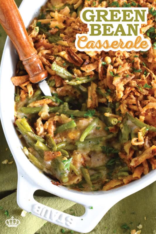 Unlike most Green Bean Casseroles which use canned green beans, this version uses fresh green beans and the results are incredible! In classic fashion, the tender beans are tossed with cream of mushroom soup, milk, and seasonings.  Baked with fried onions, this casserole also offers the option of adding shredded cheddar cheese! #casserole #beans #greenbeans #side #thanksgiving