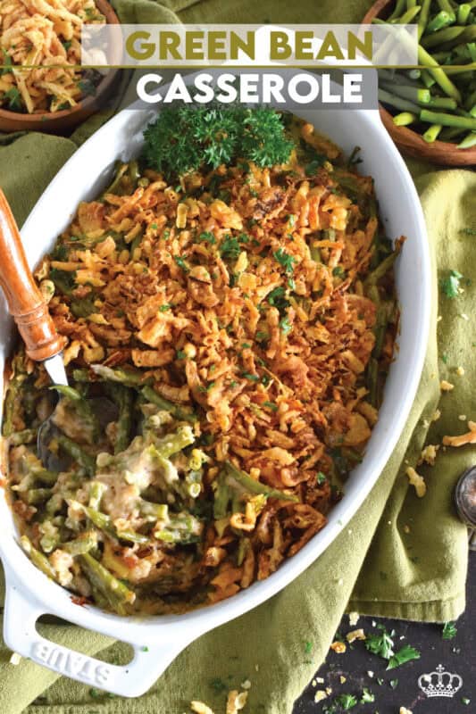 Unlike most Green Bean Casseroles which use canned green beans, this version uses fresh green beans and the results are incredible! In classic fashion, the tender beans are tossed with cream of mushroom soup, milk, and seasonings.  Baked with fried onions, this casserole also offers the option of adding shredded cheddar cheese! #casserole #beans #greenbeans #side #thanksgiving