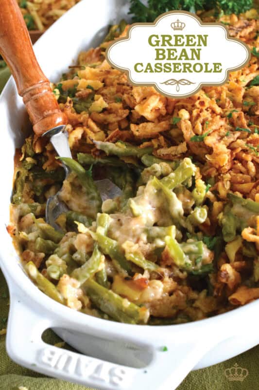 Unlike most Green Bean Casseroles which use canned green beans, this version uses fresh green beans and the results are incredible! In classic fashion, the tender beans are tossed with cream of mushroom soup, milk, and seasonings.  Baked with fried onions, this casserole also offers the option of adding shredded cheddar cheese! #casserole #beans #greenbeans #side #thanksgiving