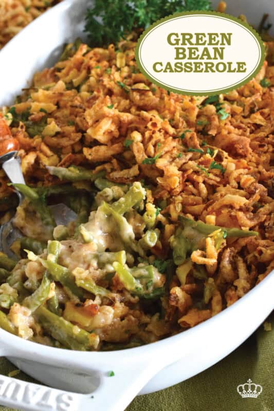 Unlike most Green Bean Casseroles which use canned green beans, this version uses fresh green beans and the results are incredible! In classic fashion, the tender beans are tossed with cream of mushroom soup, milk, and seasonings.  Baked with fried onions, this casserole also offers the option of adding shredded cheddar cheese! #casserole #beans #greenbeans #side #thanksgiving