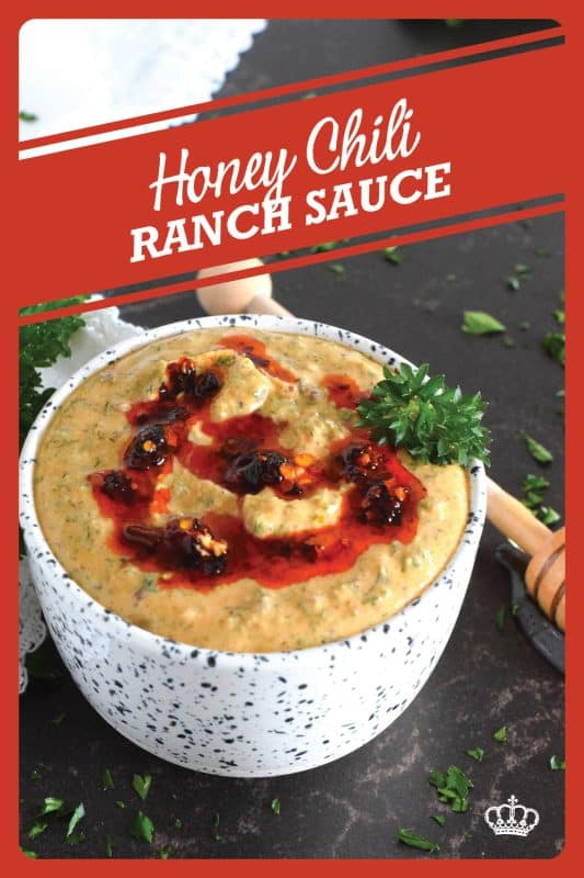 This sauce has it all! First of all, it's quite delicious; it's got heat from some chili crisp oil, coolness from the sour cream, sweetness from a bit of honey, and loads of savoury flavour from an abundance of dried herbs.  Honey Chili Ranch Sauce is great as a dip or a spread! #honey #chili #crisp #oil #sauce