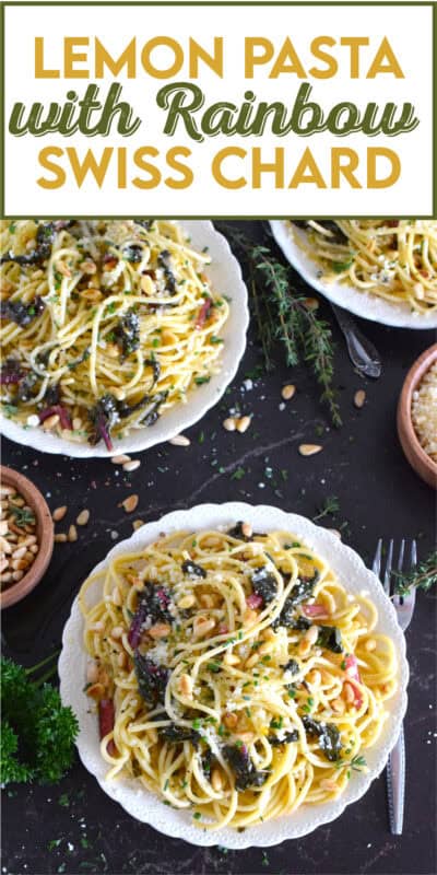 Prepared with rainbow swiss chard, fresh thyme and chives, parmesan, and pine nuts, this lemon pasta is not only aromatic and delicious, it's a bright and refreshing pasta dinner! The chard can easily be substituted with kale or spinach, but don't skip out on the vinegar; it makes a world of difference! #chard #pasta #lemon #swiss #swisschard #pinenuts