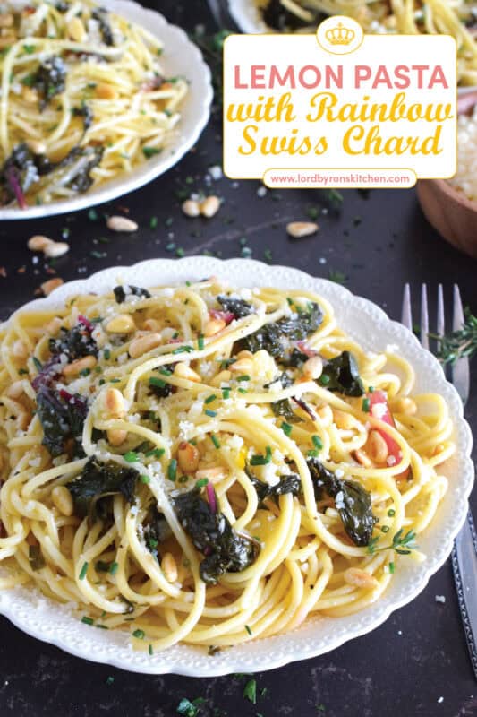 Prepared with rainbow swiss chard, fresh thyme and chives, parmesan, and pine nuts, this lemon pasta is not only aromatic and delicious, it's a bright and refreshing pasta dinner! The chard can easily be substituted with kale or spinach, but don't skip out on the vinegar; it makes a world of difference! #chard #pasta #lemon #swiss #swisschard #pinenuts