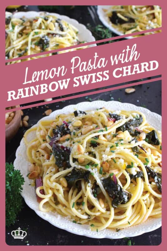 Prepared with rainbow swiss chard, fresh thyme and chives, parmesan, and pine nuts, this lemon pasta is not only aromatic and delicious, it's a bright and refreshing pasta dinner! The chard can easily be substituted with kale or spinach, but don't skip out on the vinegar; it makes a world of difference! #chard #pasta #lemon #swiss #swisschard #pinenuts