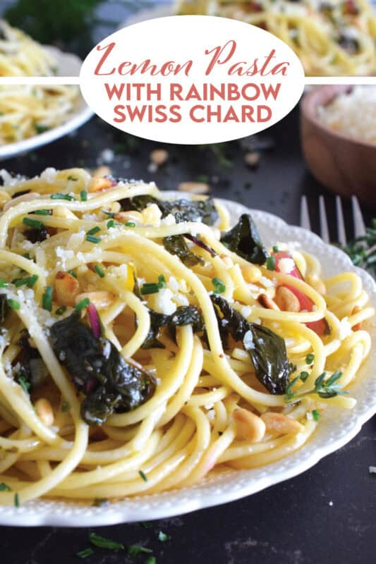 Prepared with rainbow swiss chard, fresh thyme and chives, parmesan, and pine nuts, this lemon pasta is not only aromatic and delicious, it's a bright and refreshing pasta dinner! The chard can easily be substituted with kale or spinach, but don't skip out on the vinegar; it makes a world of difference! #chard #pasta #lemon #swiss #swisschard #pinenuts