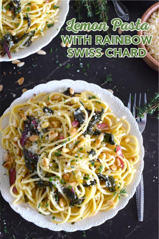 Prepared with rainbow swiss chard, fresh thyme and chives, parmesan, and pine nuts, this lemon pasta is not only aromatic and delicious, it's a bright and refreshing pasta dinner! The chard can easily be substituted with kale or spinach, but don't skip out on the vinegar; it makes a world of difference! #chard #pasta #lemon #swiss #swisschard #pinenuts