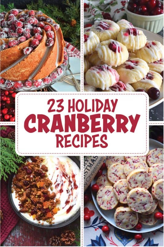 Cranberries seem to become all the rage when the holidays roll round - especailly when it comes to fresh cranberries! In this collection of 23 Holiday Cranberry Recipes, I've assembled a list of cakes, cookies, bars, desserts, and even a cocktail! Not to be left overlooked, there are recipes using dried cranberries too! #cranberries #cranberry #recipes #fresh #dried #holidays #christmas