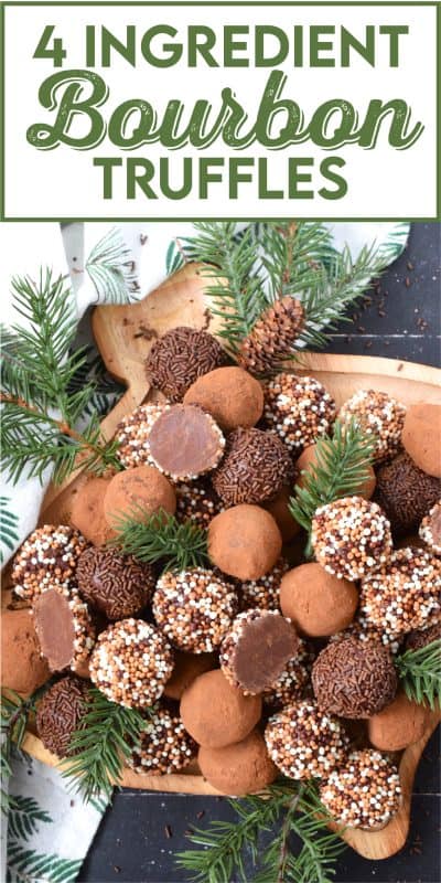 With only 4 ingredients, including the sprinkles, these festive and delicious 4 Ingredient Bourbon Truffles are so simple to prepare! These make lovely gifts for friends and neighbours, so make several batches. For a hostess gift, package the truffles in a bag or box and tie them with a merry ribbon! #bourbon #candy #chocolates #truffles #holidays #christmas