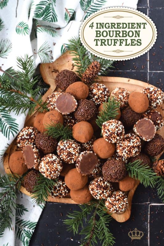 With only 4 ingredients, including the sprinkles, these festive and delicious 4 Ingredient Bourbon Truffles are so simple to prepare! These make lovely gifts for friends and neighbours, so make several batches. For a hostess gift, package the truffles in a bag or box and tie them with a merry ribbon! #bourbon #candy #chocolates #truffles #holidays #christmas