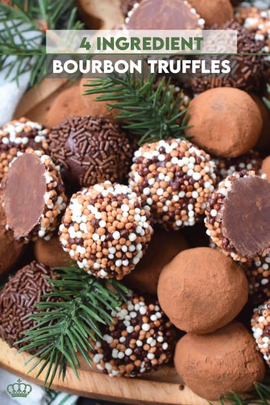 With only 4 ingredients, including the sprinkles, these festive and delicious 4 Ingredient Bourbon Truffles are so simple to prepare! These make lovely gifts for friends and neighbours, so make several batches. For a hostess gift, package the truffles in a bag or box and tie them with a merry ribbon! #bourbon #candy #chocolates #truffles #holidays #christmas