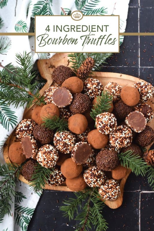With only 4 ingredients, including the sprinkles, these festive and delicious 4 Ingredient Bourbon Truffles are so simple to prepare! These make lovely gifts for friends and neighbours, so make several batches. For a hostess gift, package the truffles in a bag or box and tie them with a merry ribbon! #bourbon #candy #chocolates #truffles #holidays #christmas