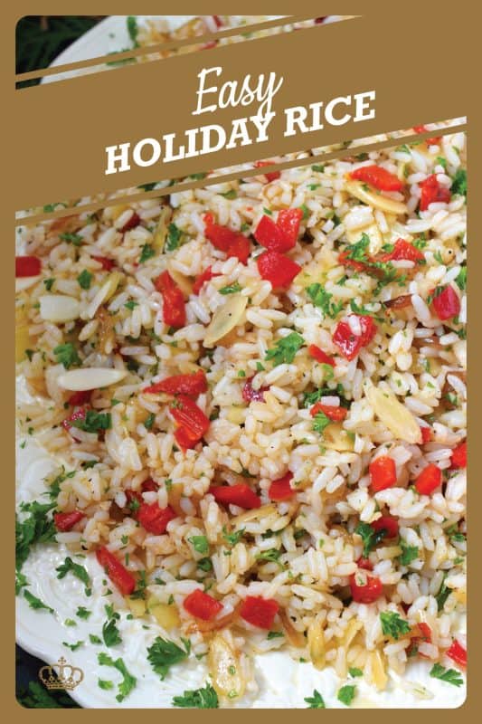 Transform inexpensive plain white rice into the most delicious holiday side dish! Prepared with fresh garlic and ginger, this rice is certainly aromatic.  Tossed with caramelized onions, roasted red peppers, and blanched almonds, Easy Holiday Rice could just become a regular part of your holiday dinners! #rice #leftover #holiday #caramelized #onion #peppers #almonds