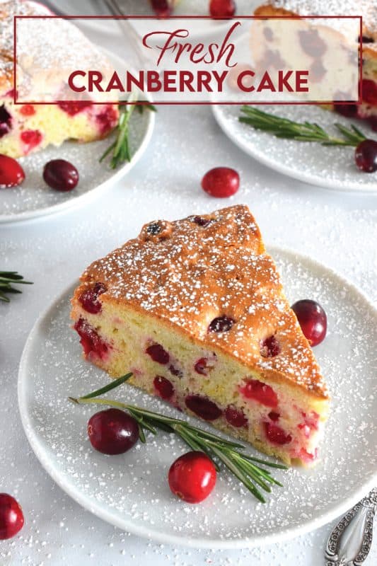 The tartness of cranberries is balanced perfectly with just the right amount of sweetness in this Fresh Cranberry Cake! You may be tempted to cut yourself a big slice and top it with ice cream or whipped cream, but, don’t overdo it!  Let the flavours of this cake shine through, don’t mask or muddle it with toppings; a dusting of sugar will do just fine! #cranberry #cranberries #fresh #cake #holiday #dessert #baking