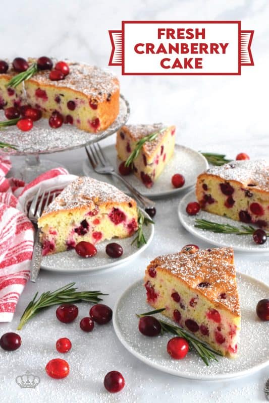 The tartness of cranberries is balanced perfectly with just the right amount of sweetness in this Fresh Cranberry Cake! You may be tempted to cut yourself a big slice and top it with ice cream or whipped cream, but, don’t overdo it!  Let the flavours of this cake shine through, don’t mask or muddle it with toppings; a dusting of sugar will do just fine! #cranberry #cranberries #fresh #cake #holiday #dessert #baking