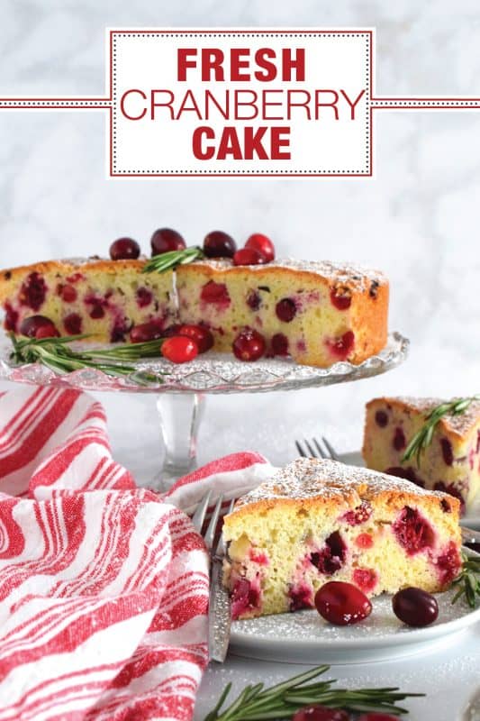 The tartness of cranberries is balanced perfectly with just the right amount of sweetness in this Fresh Cranberry Cake! You may be tempted to cut yourself a big slice and top it with ice cream or whipped cream, but, don’t overdo it!  Let the flavours of this cake shine through, don’t mask or muddle it with toppings; a dusting of sugar will do just fine! #cranberry #cranberries #fresh #cake #holiday #dessert #baking