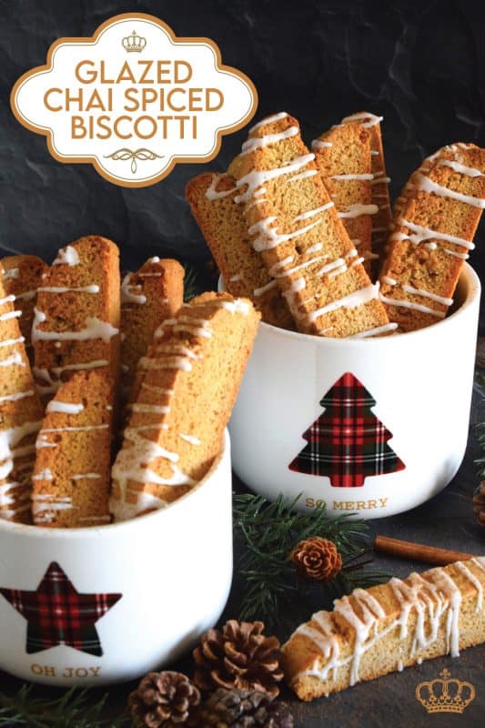 Imagine it's a cold, blustery day in December and you're home alone sitting in your favourite armchair. Except for the howling wind, the house is completely quiet making it the perfect time for you to read a good book while the lights on the tree twinkle softly.  Only one thing could make this day better and it's my Glazed Chai Spiced Biscotti served with a piping hot cup of tea! #biscotti #chai #spiced #christmas #holiday #baking #glazed