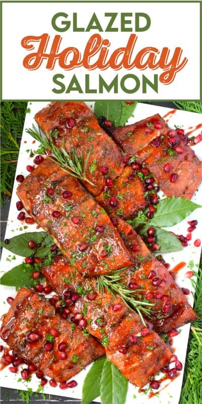 Salmon is often overlooked when it comes to a holiday main, but if you do it right, it can easily replace the overwhelmingly large and daunting task of roasting an entire turkey.  My Glazed Holiday Salmon is smothered with a savoury tart and tangy pomegranate molasses and topped with fresh pomegranate arils! #salmon #holiday #main #seafood #glazed #pomegranate #molasses