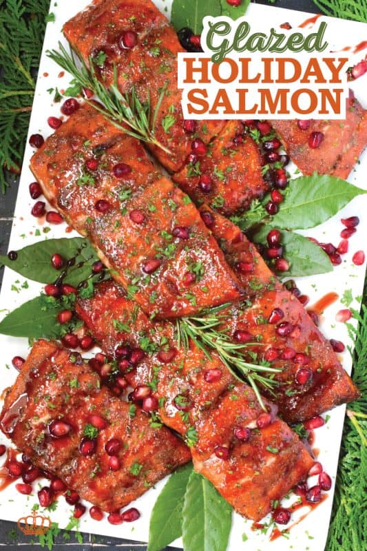 Salmon is often overlooked when it comes to a holiday main, but if you do it right, it can easily replace the overwhelmingly large and daunting task of roasting an entire turkey.  My Glazed Holiday Salmon is smothered with a savoury tart and tangy pomegranate molasses and topped with fresh pomegranate arils! #salmon #holiday #main #seafood #glazed #pomegranate #molasses