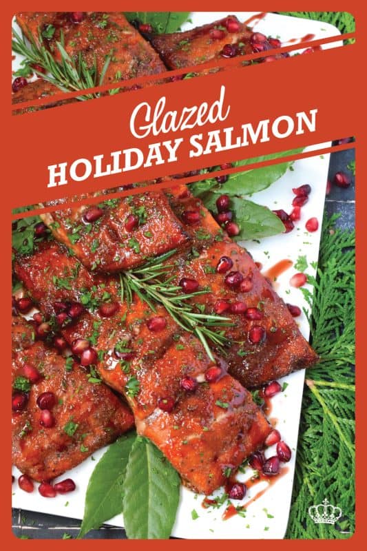 Salmon is often overlooked when it comes to a holiday main, but if you do it right, it can easily replace the overwhelmingly large and daunting task of roasting an entire turkey.  My Glazed Holiday Salmon is smothered with a savoury tart and tangy pomegranate molasses and topped with fresh pomegranate arils! #salmon #holiday #main #seafood #glazed #pomegranate #molasses
