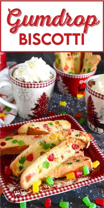 Gumdrop Biscotti just might be the Christmas confection you didn't know you needed! These buttery biscotti are packed with everyone's favourite baking gums and topped with sweet, glistening coarse sugar.  Adorably festive, these make a great gift idea! #gumdrop #biscotti #twicebaked #christmas #holiday #cookies