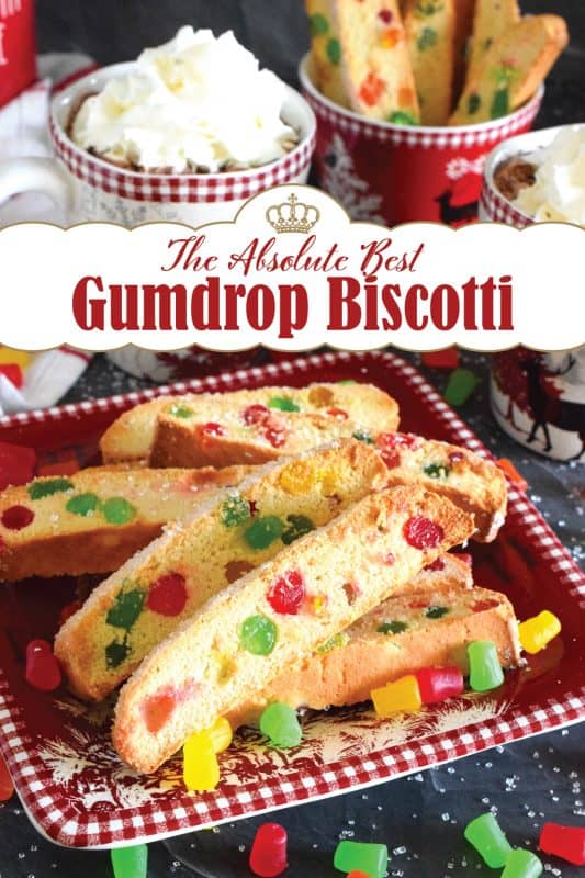 Gumdrop Biscotti just might be the Christmas confection you didn't know you needed! These buttery biscotti are packed with everyone's favourite baking gums and topped with sweet, glistening coarse sugar.  Adorably festive, these make a great gift idea! #gumdrop #biscotti #twicebaked #christmas #holiday #cookies