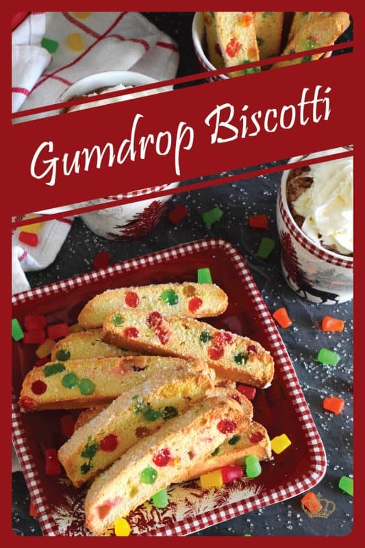 Gumdrop Biscotti just might be the Christmas confection you didn't know you needed! These buttery biscotti are packed with everyone's favourite baking gums and topped with sweet, glistening coarse sugar.  Adorably festive, these make a great gift idea! #gumdrop #biscotti #twicebaked #christmas #holiday #cookies
