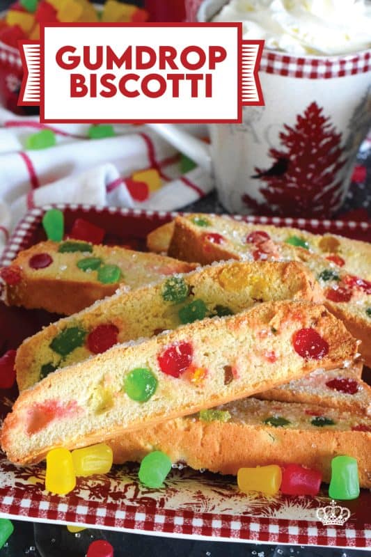Gumdrop Biscotti just might be the Christmas confection you didn't know you needed! These buttery biscotti are packed with everyone's favourite baking gums and topped with sweet, glistening coarse sugar.  Adorably festive, these make a great gift idea! #gumdrop #biscotti #twicebaked #christmas #holiday #cookies