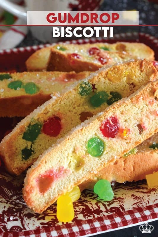 Gumdrop Biscotti just might be the Christmas confection you didn't know you needed! These buttery biscotti are packed with everyone's favourite baking gums and topped with sweet, glistening coarse sugar.  Adorably festive, these make a great gift idea! #gumdrop #biscotti #twicebaked #christmas #holiday #cookies