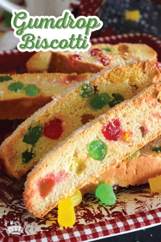 Gumdrop Biscotti just might be the Christmas confection you didn't know you needed! These buttery biscotti are packed with everyone's favourite baking gums and topped with sweet, glistening coarse sugar.  Adorably festive, these make a great gift idea! #gumdrop #biscotti #twicebaked #christmas #holiday #cookies