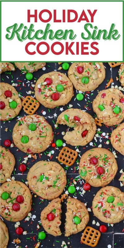 Everything but the kitchen sink is an expression used to describe a recipe with lots of ingredients. My Holiday Kitchen Sink Cookies are prepared with a basic cookie dough, but packed with pretzels, candy, sprinkles, chocolate, and even crushed potato chips! It might sound odd, but these cookies are certainly delicious! #kitchensink #christmas #cookies #M&M