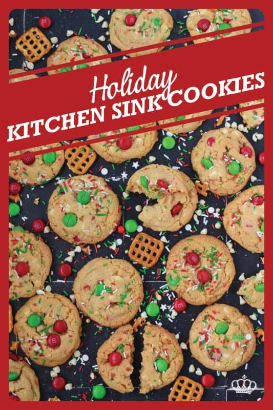 Everything but the kitchen sink is an expression used to describe a recipe with lots of ingredients. My Holiday Kitchen Sink Cookies are prepared with a basic cookie dough, but packed with pretzels, candy, sprinkles, chocolate, and even crushed potato chips! It might sound odd, but these cookies are certainly delicious! #kitchensink #christmas #cookies #M&M