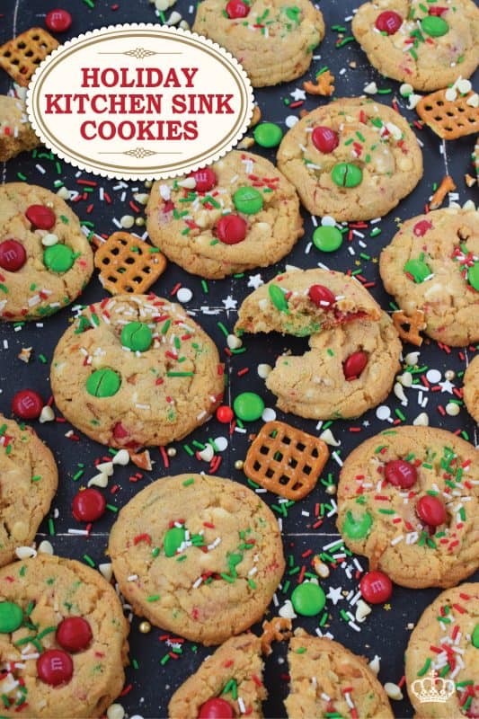 Everything but the kitchen sink is an expression used to describe a recipe with lots of ingredients. My Holiday Kitchen Sink Cookies are prepared with a basic cookie dough, but packed with pretzels, candy, sprinkles, chocolate, and even crushed potato chips! It might sound odd, but these cookies are certainly delicious! #kitchensink #christmas #cookies #M&M