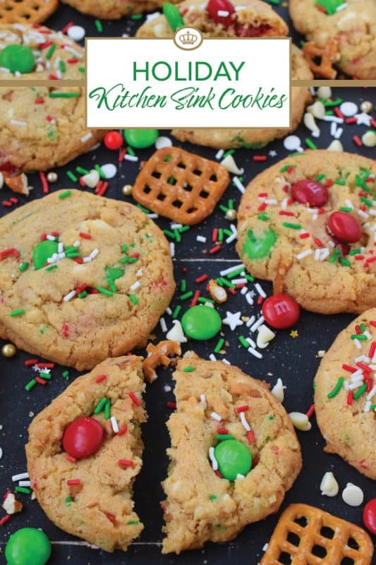 Everything but the kitchen sink is an expression used to describe a recipe with lots of ingredients. My Holiday Kitchen Sink Cookies are prepared with a basic cookie dough, but packed with pretzels, candy, sprinkles, chocolate, and even crushed potato chips! It might sound odd, but these cookies are certainly delicious! #kitchensink #christmas #cookies #M&M