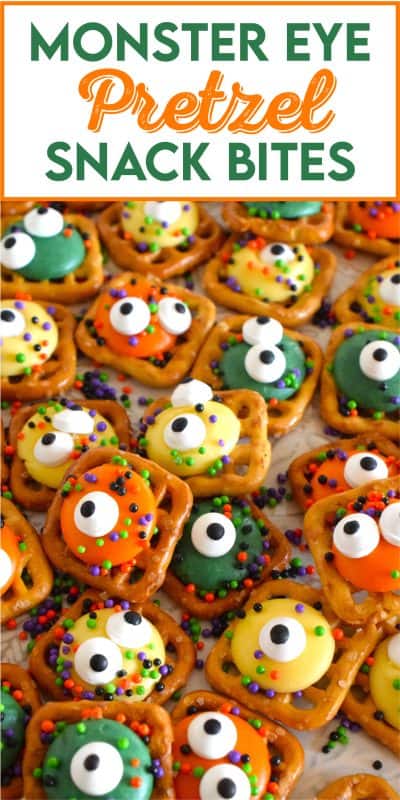 Usually, these types of snacks are prepared with a chocolate center, but to keep these Monster Eye Pretzel Snack Bites as halloween-like as possible, use a combination of yellow, green, and orange candy melt wafers instead! Top them with a candy eyes and halloween-themed sprinkles! Not only are they super cute, but they’re also super delicious! #monster #halloween #nobake #candy #pretzel #snack