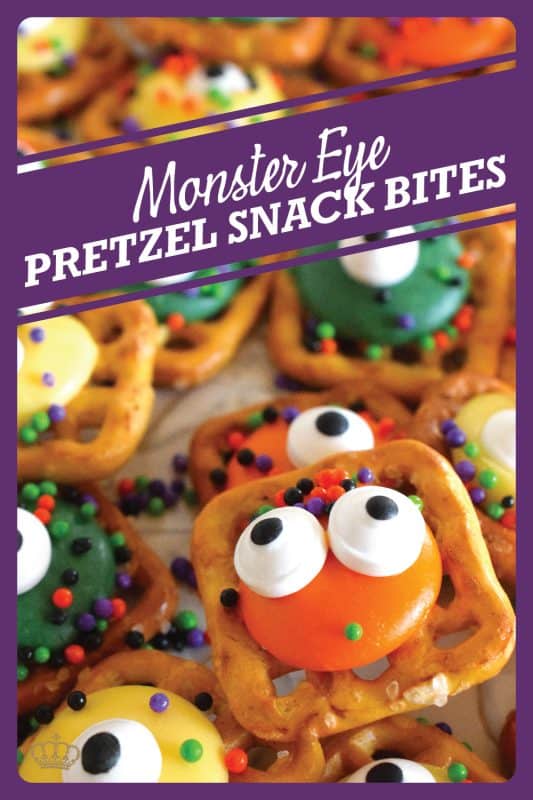 Usually, these types of snacks are prepared with a chocolate center, but to keep these Monster Eye Pretzel Snack Bites as halloween-like as possible, use a combination of yellow, green, and orange candy melt wafers instead! Top them with a candy eyes and halloween-themed sprinkles! Not only are they super cute, but they’re also super delicious! #monster #halloween #nobake #candy #pretzel #snack
