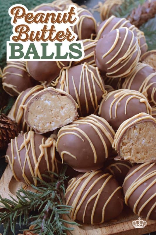 Dipped in melted milk chocolate and drizzled with Reese's Peanut Butter Chipits, these Peanut Butter Balls are a nostalgic treat! They're a delicious confection iwth an airy and crispy bite from the Rice Krispies Cereal and coconut. These balls are for the serious peanut butter and chocolate lover! #peanutbutter #balls #christmas #cookies #chocolate #nobake