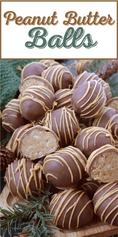 Dipped in melted milk chocolate and drizzled with Reese's Peanut Butter Chipits, these Peanut Butter Balls are a nostalgic treat! They're a delicious confection iwth an airy and crispy bite from the Rice Krispies Cereal and coconut. These balls are for the serious peanut butter and chocolate lover! #peanutbutter #balls #christmas #cookies #chocolate #nobake