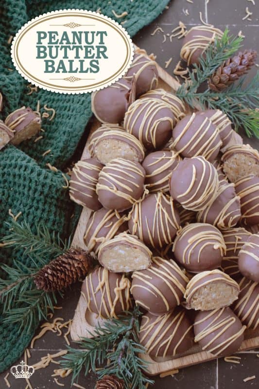 Dipped in melted milk chocolate and drizzled with Reese's Peanut Butter Chipits, these Peanut Butter Balls are a nostalgic treat! They're a delicious confection iwth an airy and crispy bite from the Rice Krispies Cereal and coconut. These balls are for the serious peanut butter and chocolate lover! #peanutbutter #balls #christmas #cookies #chocolate #nobake