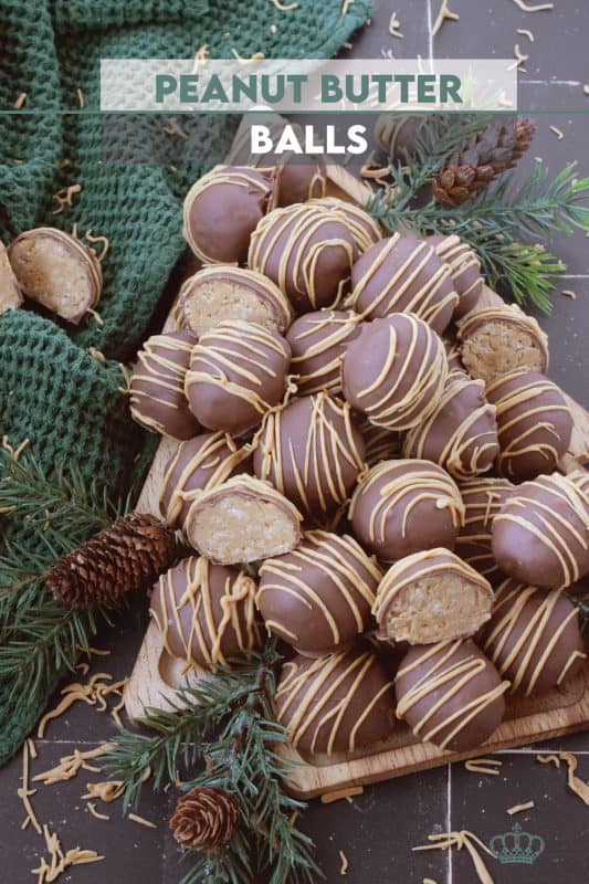 Dipped in melted milk chocolate and drizzled with Reese's Peanut Butter Chipits, these Peanut Butter Balls are a nostalgic treat! They're a delicious confection iwth an airy and crispy bite from the Rice Krispies Cereal and coconut. These balls are for the serious peanut butter and chocolate lover! #peanutbutter #balls #christmas #cookies #chocolate #nobake