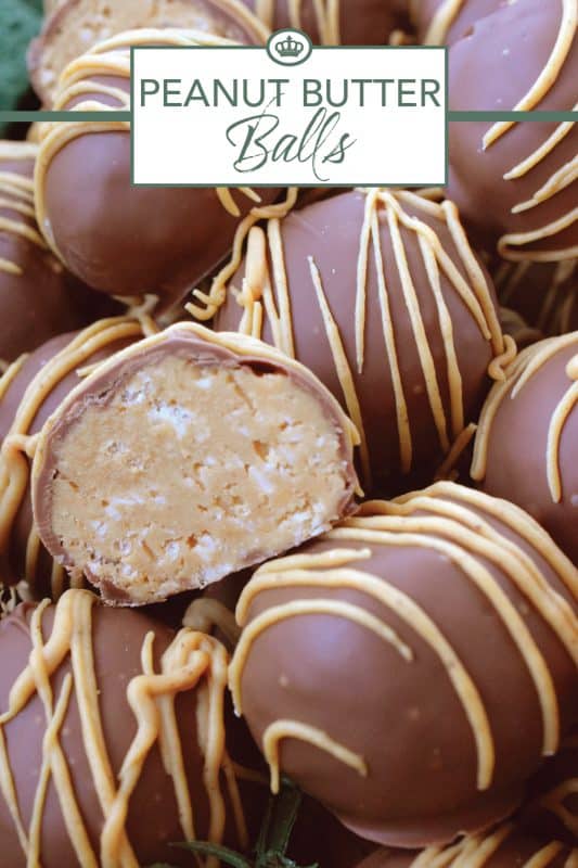 Dipped in melted milk chocolate and drizzled with Reese's Peanut Butter Chipits, these Peanut Butter Balls are a nostalgic treat! They're a delicious confection iwth an airy and crispy bite from the Rice Krispies Cereal and coconut. These balls are for the serious peanut butter and chocolate lover! #peanutbutter #balls #christmas #cookies #chocolate #nobake