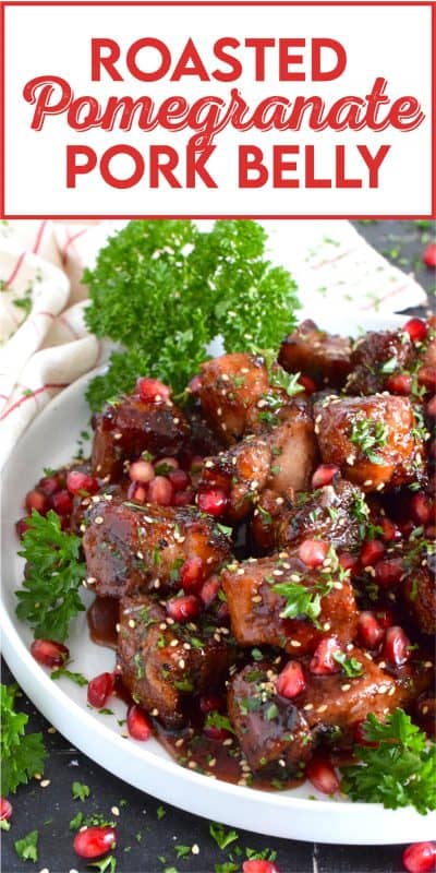 Marinated and flavoured with simple seasonings and sauces found in most kitchens, this Roasted Pomegranate Pork Belly is baked until moist and tender and then tossed in a honey and pomegranate molasses sauce, making this main easy to prepare for the holidays! #roasted #pork #porkbelly #pomegranate #holidays #molasses