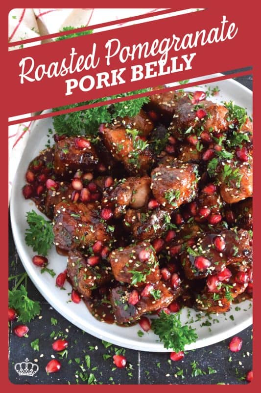 Marinated and flavoured with simple seasonings and sauces found in most kitchens, this Roasted Pomegranate Pork Belly is baked until moist and tender and then tossed in a honey and pomegranate molasses sauce, making this main easy to prepare for the holidays! #roasted #pork #porkbelly #pomegranate #holidays #molasses