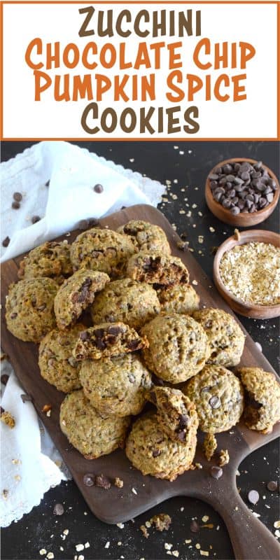 These deliciously soft and chewy cookies are baked with healthy amount of shredded zucchini and rolled oats. Flavoured with a pumpkin spice blend and sweetened with milk chocolate chips, these cookies also have crunch factor with toasted chopped walnuts! #pumpkinspice #zucchini #cookies #chocolate