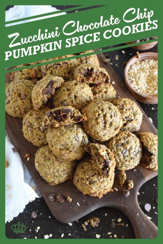 These deliciously soft and chewy cookies are baked with healthy amount of shredded zucchini and rolled oats. Flavoured with a pumpkin spice blend and sweetened with milk chocolate chips, these cookies also have crunch factor with toasted chopped walnuts! #pumpkinspice #zucchini #cookies #chocolate
